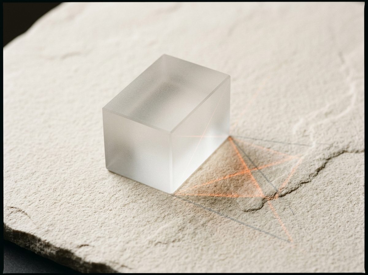 A frosted glass prism block casting crisp geometric light refractions on stone.
