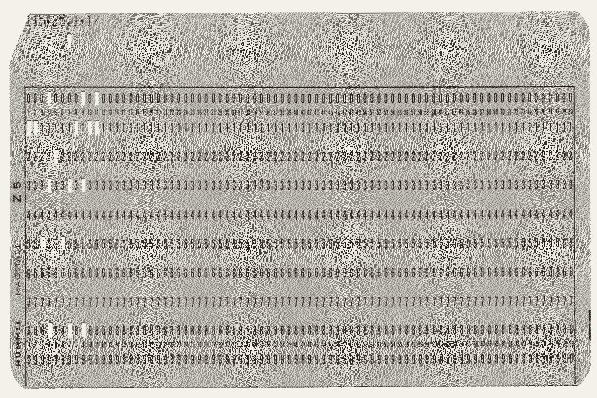 Dithered monochrome image of an 80-column data card with structured fields.
