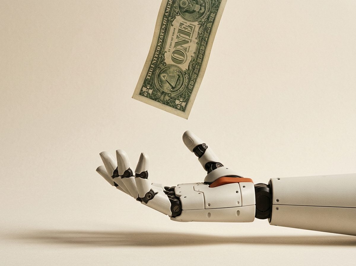 A mechanical hand, palm open and facing upward, reaching toward a single dollar bill falling from above. A gap of empty space separates the fingertips from the bill, and the two never touch.